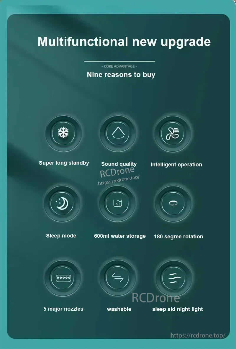 Icon list of features: sleep mode, 600ml water storage, 180° rotation, 5 nozzles, washable, night light