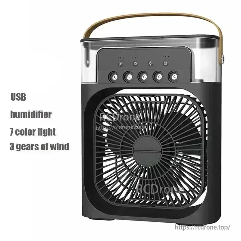Black USB humidifier fan with 7-color light and 3 wind speeds text graphic, front view