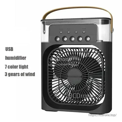 Black USB humidifier fan with 7-color light and 3 wind speeds text graphic, front view