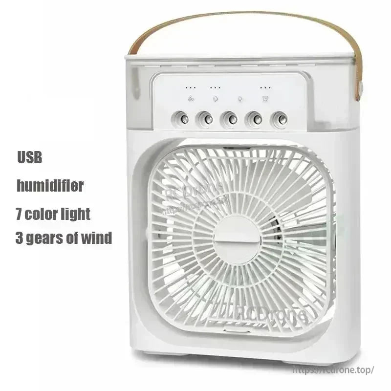 White USB humidifier fan with 7-color light and 3 wind speeds text graphic, front view