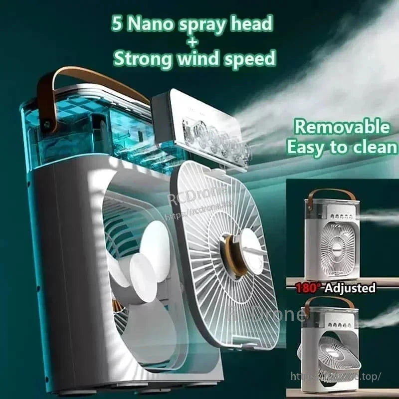 Exploded view showing removable fan grille and nano spray head mist outlets, adjustable airflow angle
