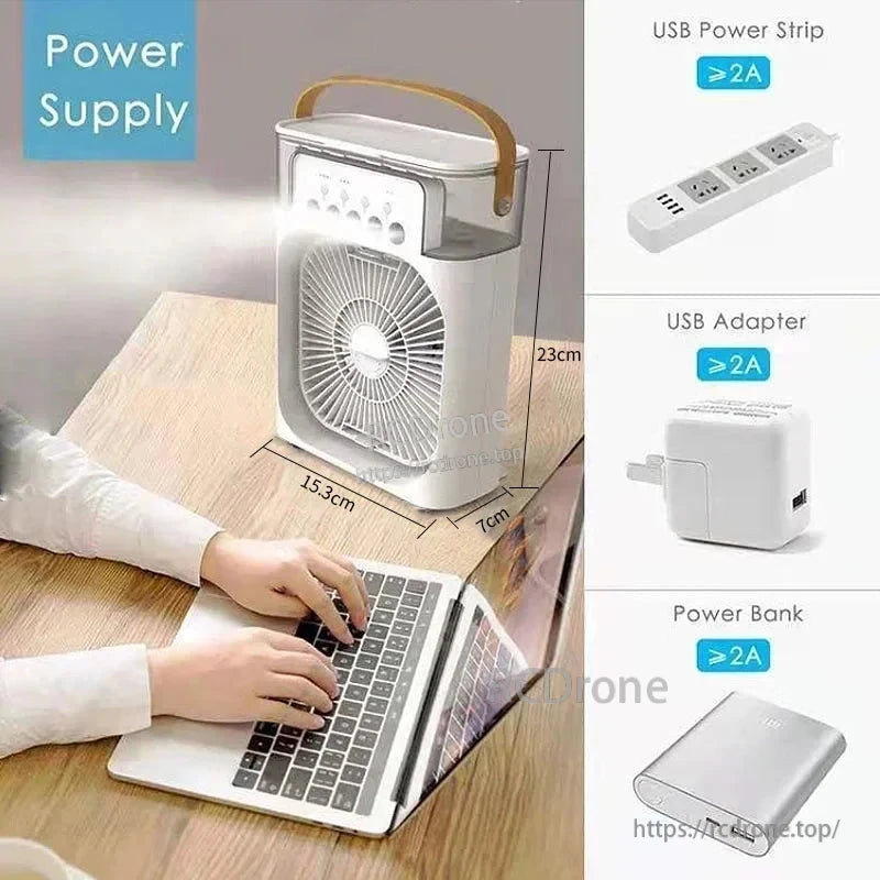 Desk use and power options graphic showing USB power strip, USB adapter, and power bank (≥2A)