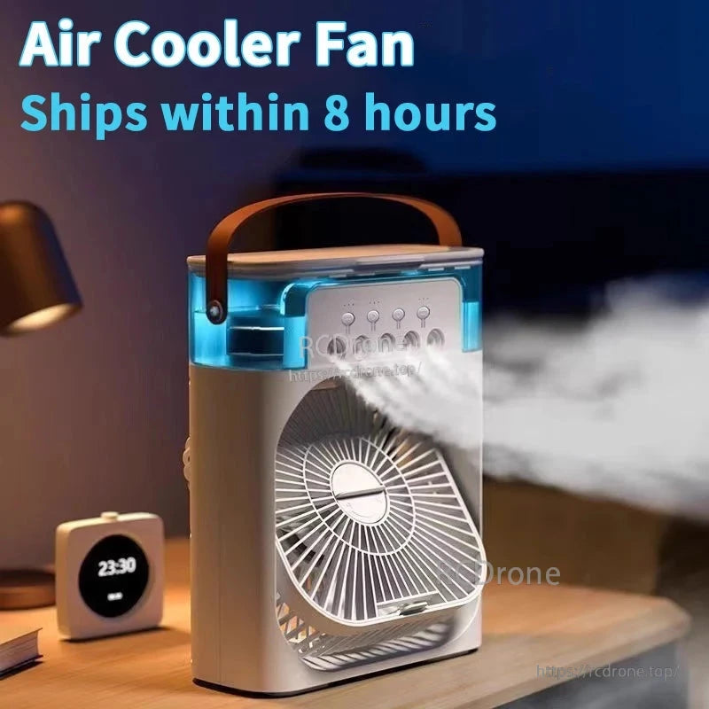Mini air cooler fan on bedside table blowing mist, lifestyle room scene with lamp and clock
