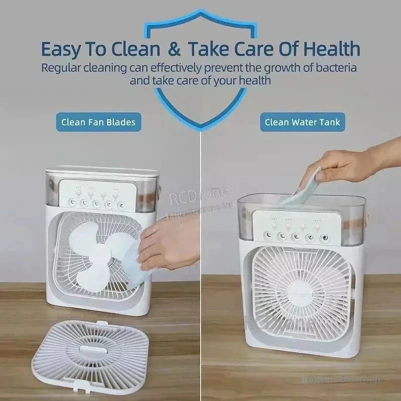 Easy-to-clean demonstration: removing fan cover and wiping the water tank on the air cooler fan