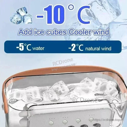 Top water tank filled with ice cubes infographic for portable air cooler fan