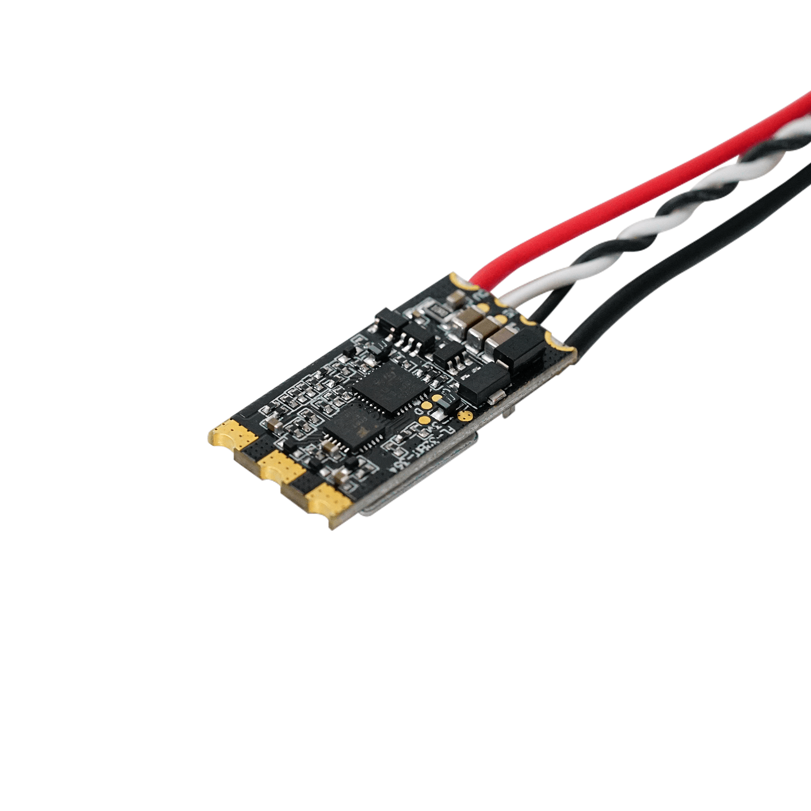Flashhobby AM35 35A ESC board with pre-soldered red, black, and twisted signal wires and gold solder pads