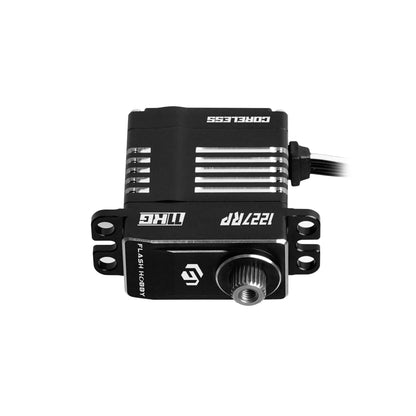 Flashhobby CLS1227RP coreless digital servo with black CNC aluminum case, mounting tabs, and splined output shaft