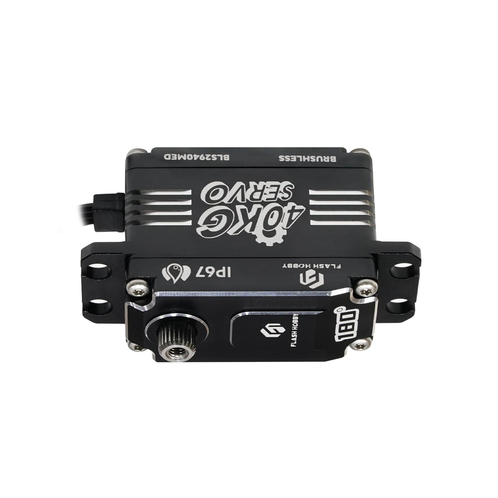 Flashhobby 40KG low profile brushless digital servo with metal case, IP67 marking, and 25T output spline