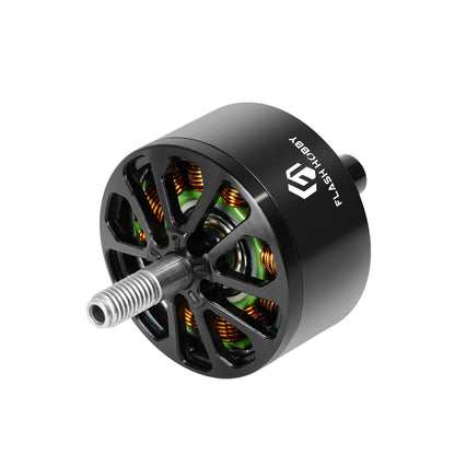 Flashhobby A2812 900KV Brushless Motor, Flashhobby A2812 900KV brushless outrunner motor with black open bell housing, visible copper windings, and threaded shaft