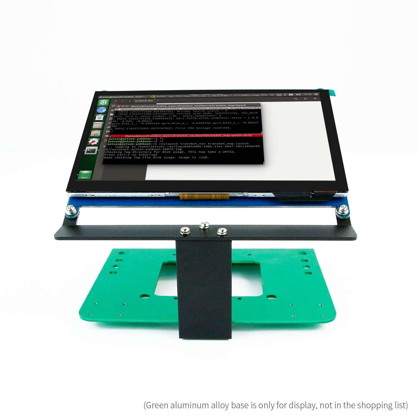Front view of mounted 7-inch display on metal bracket stand, centered upright support plate