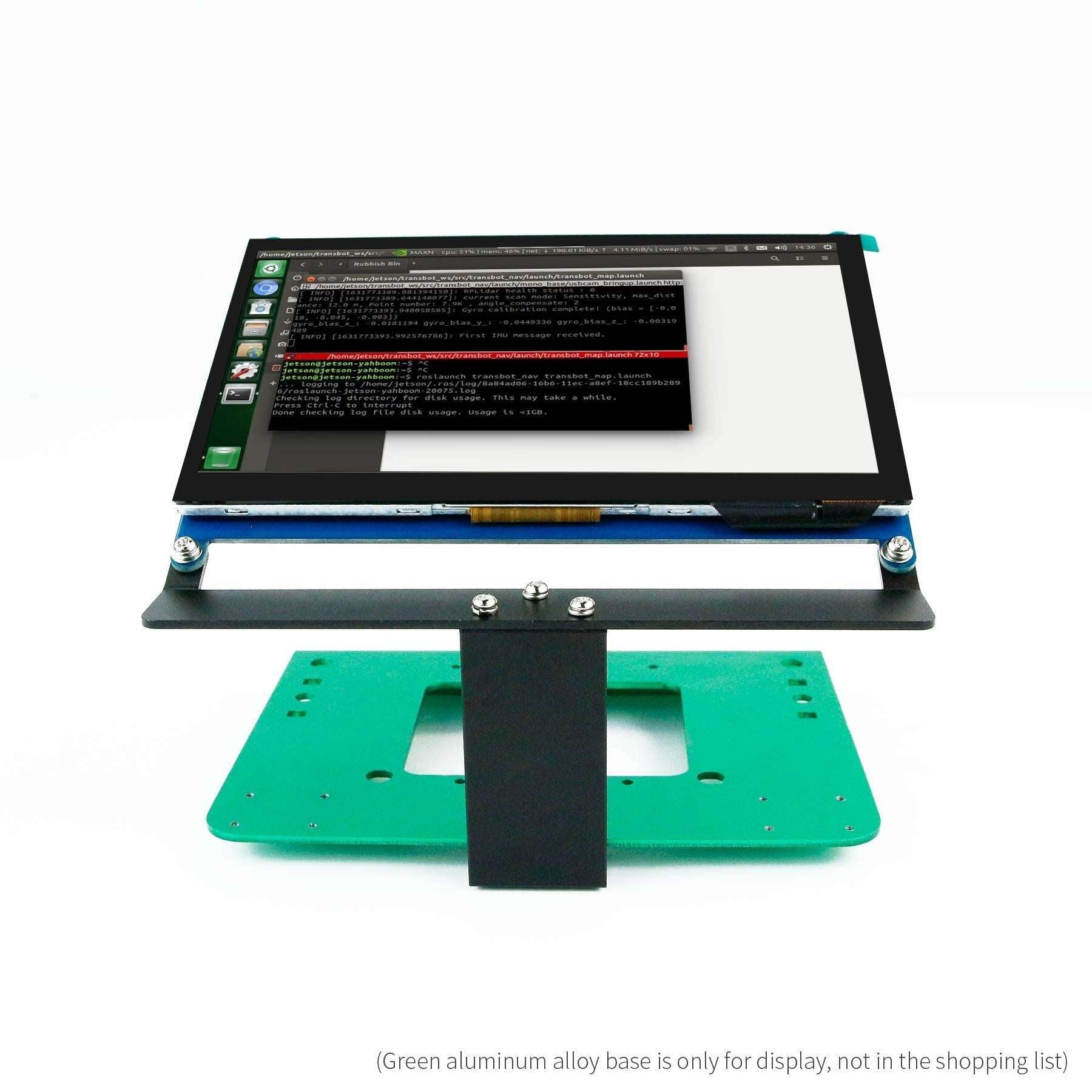 Front view of mounted 7-inch display on metal bracket stand, centered upright support plate