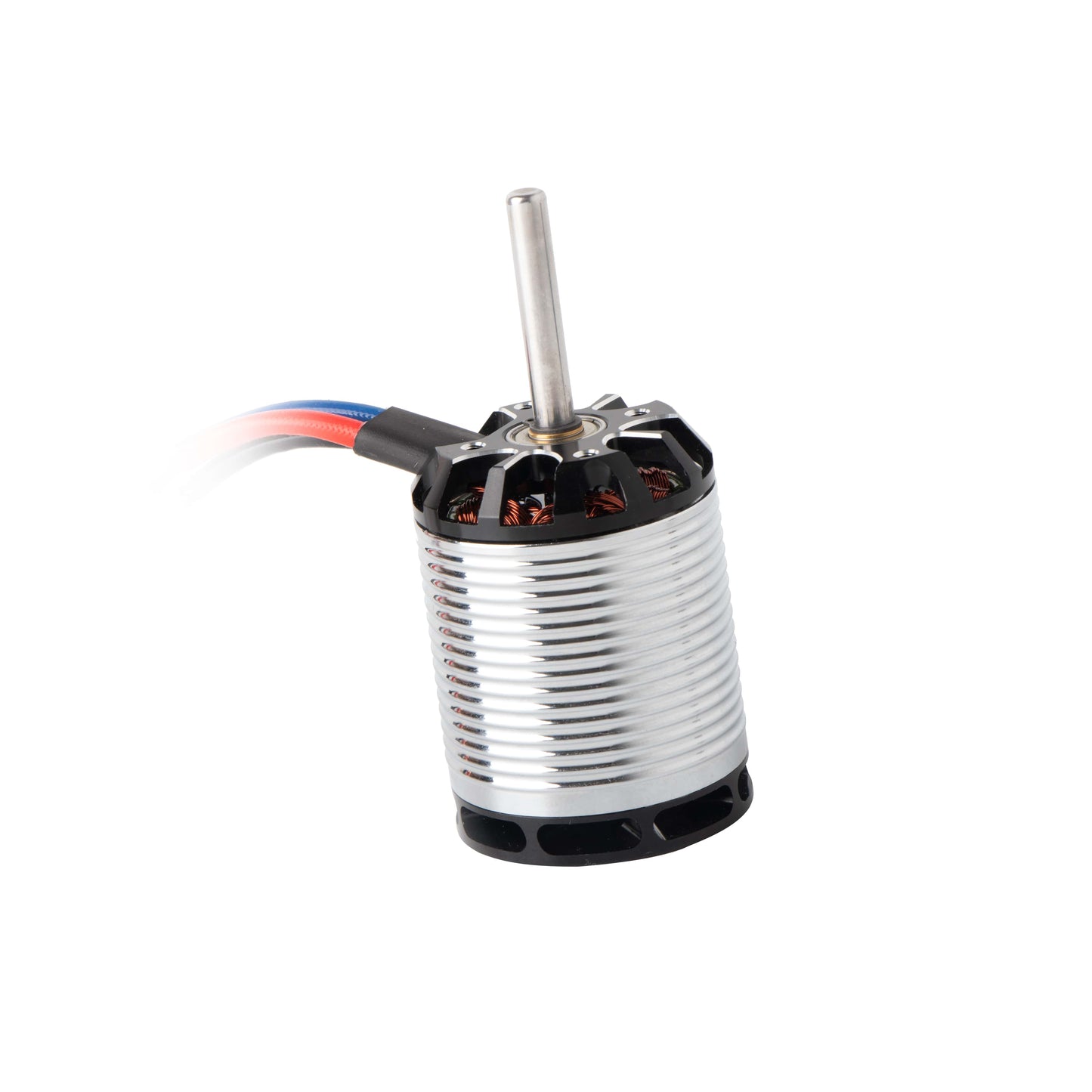 Flashhobby H550 1220KV Helicopter Motor, Flashhobby H550 1220KV brushless helicopter motor with finned silver can, long shaft, and three wires