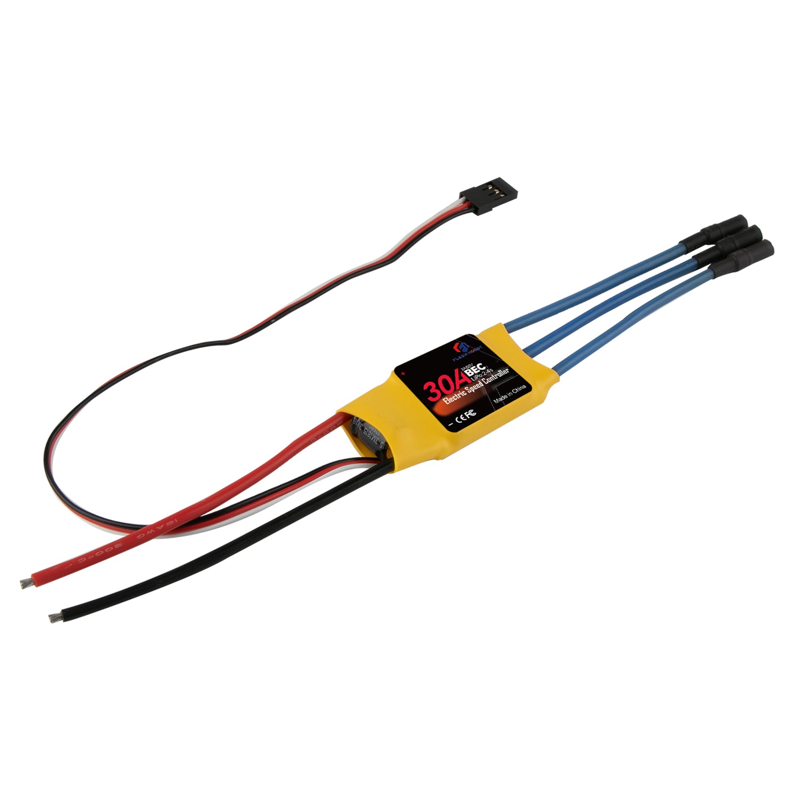 Flashhobby Spaceman 30A ESC with yellow heat-shrink, three bullet motor leads, and red/black power wires