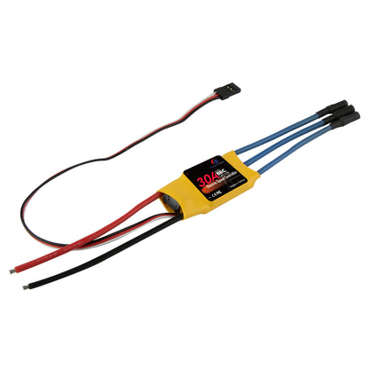 Flashhobby Spaceman 30A ESC with yellow heat-shrink, three bullet motor leads, and red/black power wires
