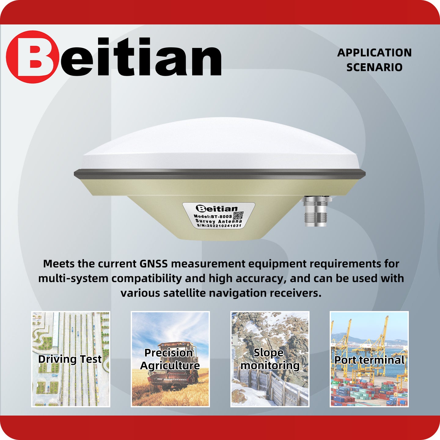 BT-800S GNSS antenna application scenarios graphic: driving test, agriculture, slope monitoring, port