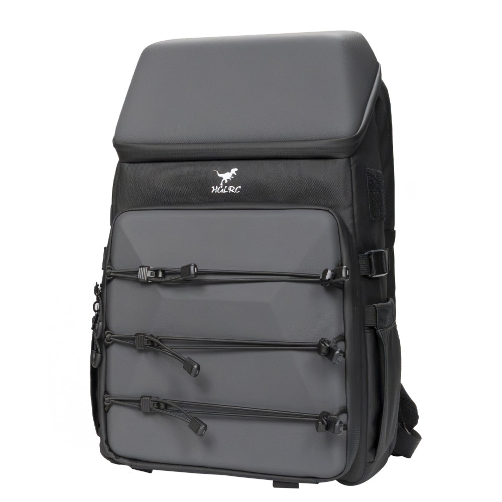HGLRC B2 drone backpack front view in black/grey, hard shell top and front bungee cord storage