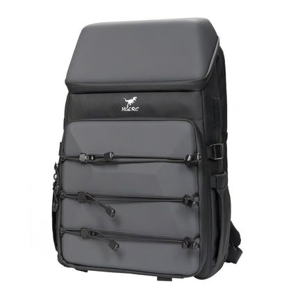 HGLRC B2 drone backpack front view in black/grey, hard shell top and front bungee cord storage