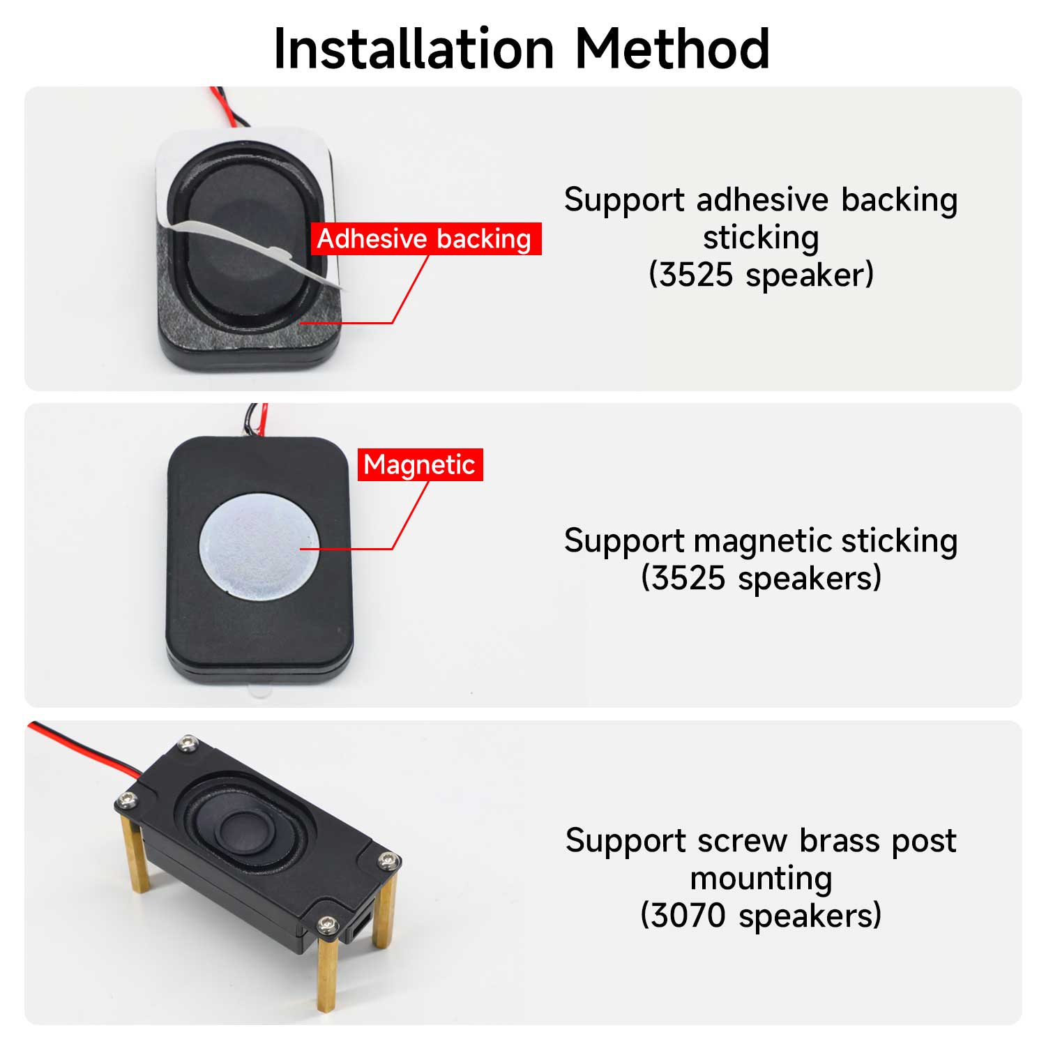 Micro speaker installation methods: 3525 adhesive backing, 3525 magnetic mount, 3070 screw post mounting