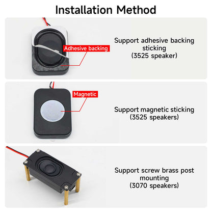 Micro speaker installation methods: 3525 adhesive backing, 3525 magnetic mount, 3070 screw post mounting