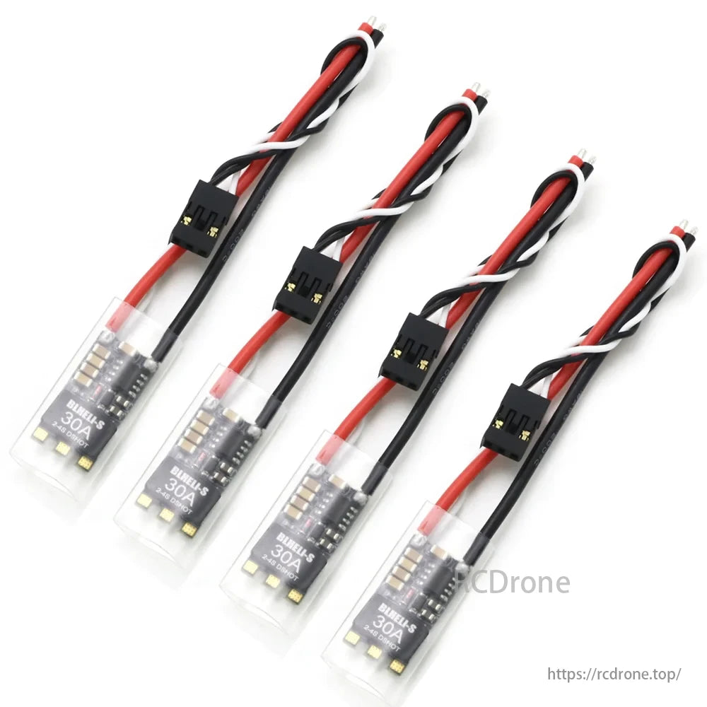 30A 20A BLHeli_S ESC, Four 30A BLHeli_S ESCs with red, black, white wires in transparent cases.
