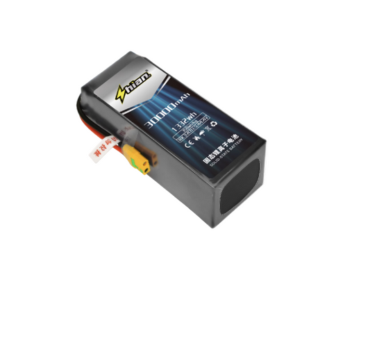 High-density solid-state lithium battery, 6S/12S/14S, 30000mAh, 10C, 350Wh/kg, designed for heavy-lift UAV drones.