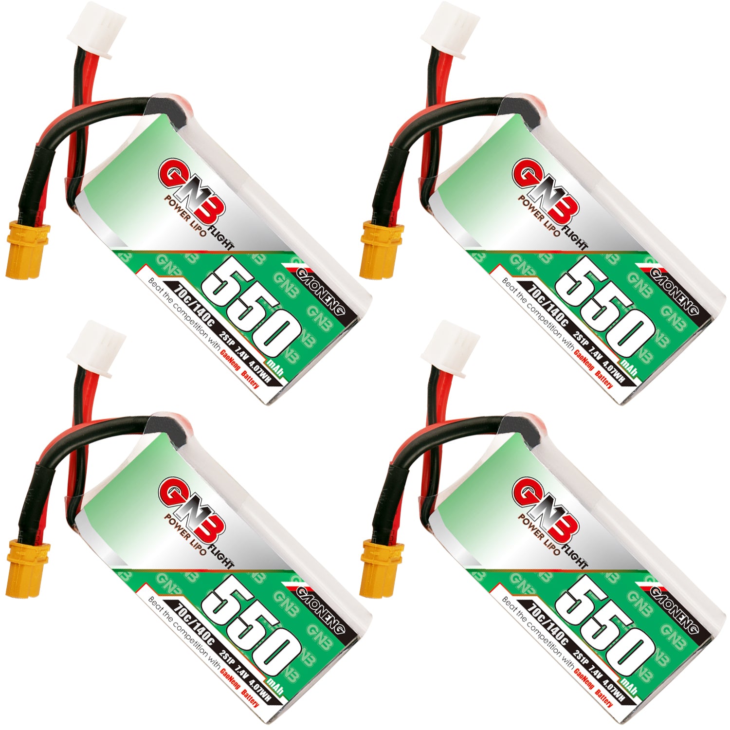 GAONENG GNB 550mAh 2S 7.4V 70C XT30 LiPo battery, four-pack product view