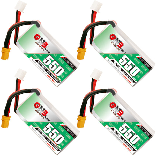 GAONENG GNB 550mAh 2S 7.4V 70C XT30 LiPo battery, four-pack product view