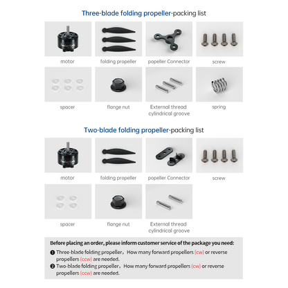 BrotherHobby Avenger 3515 V5 CW Brushless Motor, Packing list for folding propeller kit with motor, propeller blades, connector, screws, spacers, flange nut, and spring