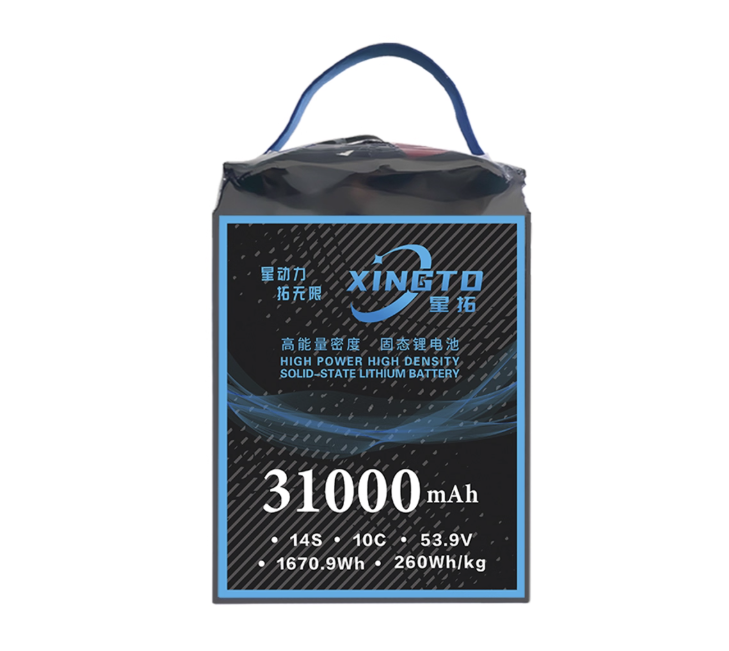 XINGTO 31,000mAh 14S solid-state lithium battery, 53.9V, 10C, 1670.9Wh, 260Wh/kg—high power, high density, ideal for demanding drone applications.