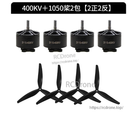 3115 Brushless Motor, Four 400KV motors with 1050 propellers—two clockwise, two counterclockwise—for FPV drone propulsion.