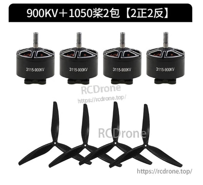 3115 Brushless Motor, Four 900KV motors with 1050 propellers—two clockwise, two counterclockwise—for 10-inch FPV drones.