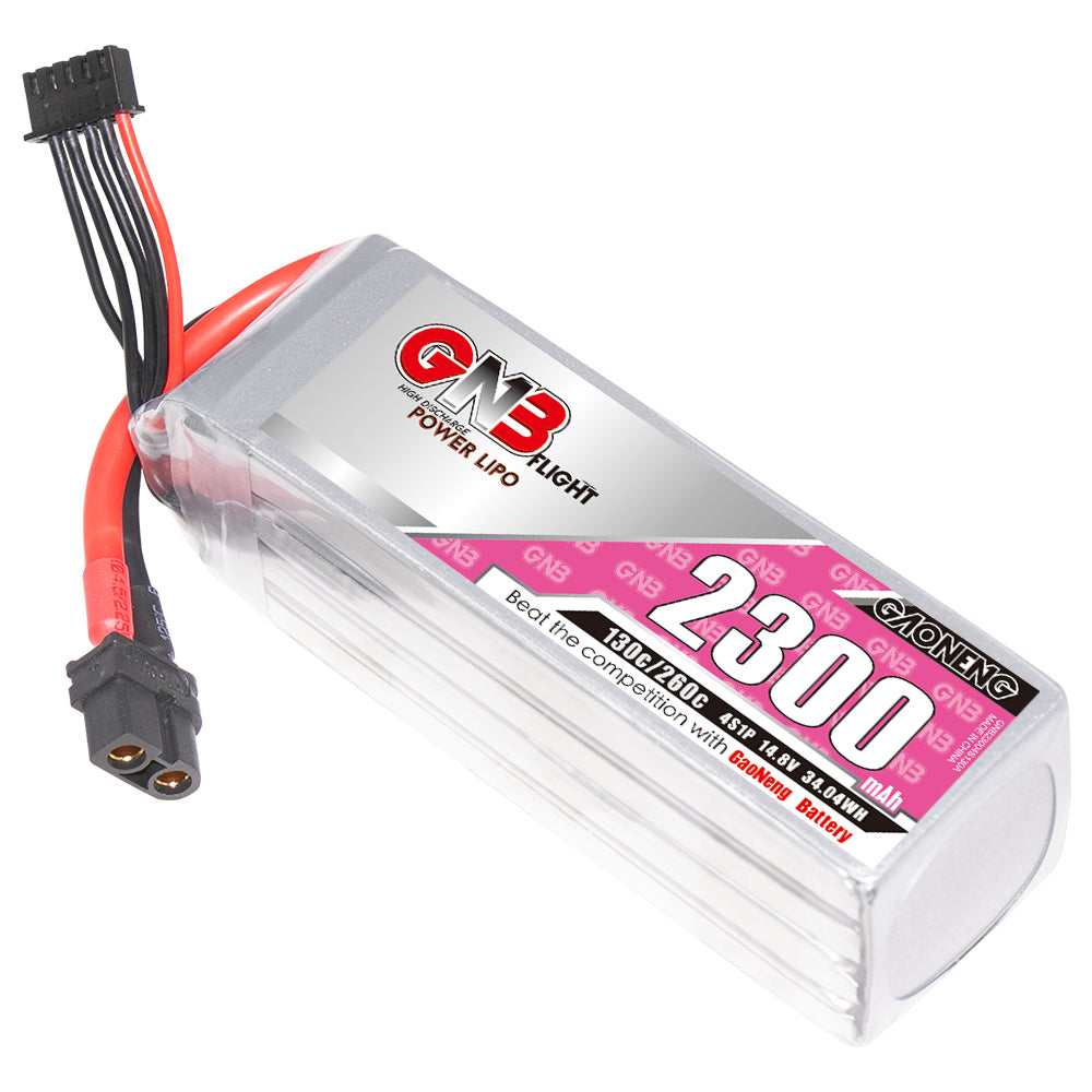 GAONENG GNB23004S130A 4S 2300mAh 130C LiPo battery with XT60 plug and balance lead, angled view