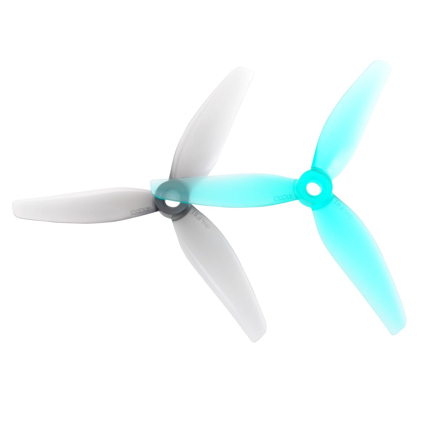 HQProp 4X3X3V2 4-inch 3-blade polycarbonate propellers, teal and grey CW/CCW pair view
