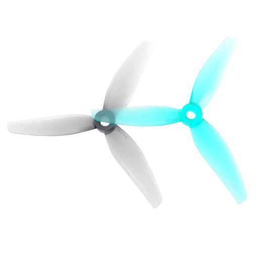 HQProp 4X3X3V2 4-inch 3-blade polycarbonate propellers, teal and grey CW/CCW pair view