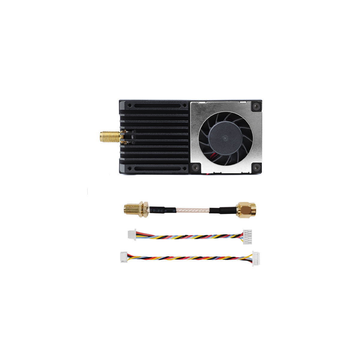 Package contents: 5.8G 5.5W VTX unit, SMA pigtail adapter, and two wiring harness cables