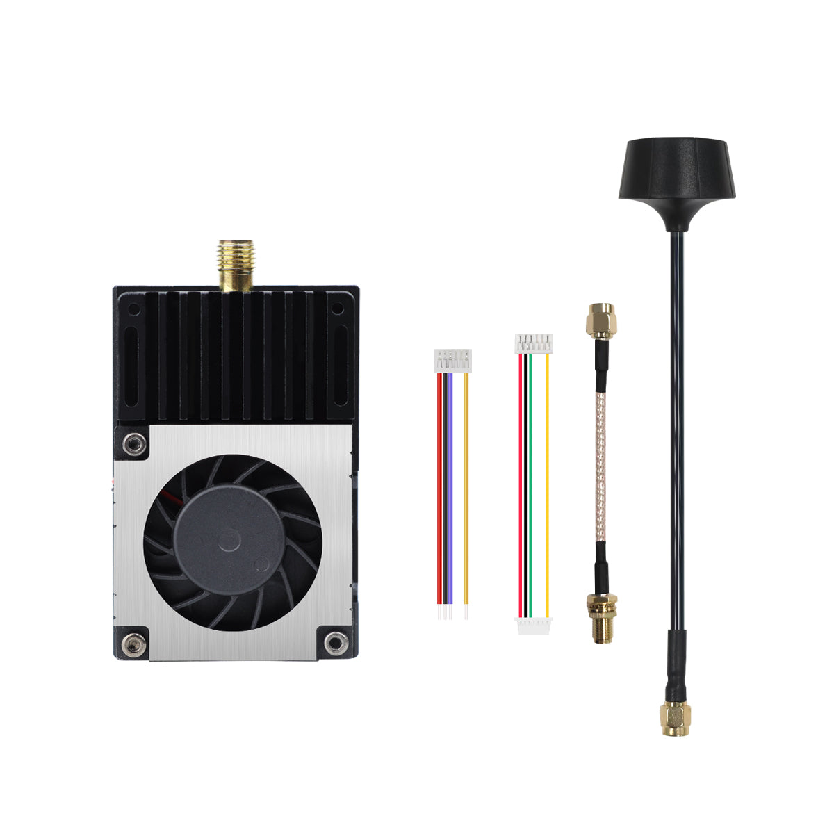 Package contents: VTX module, two wiring harnesses, SMA pigtail adapter, and antenna