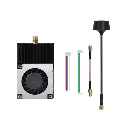 Package contents: VTX module, two wiring harnesses, SMA pigtail adapter, and antenna