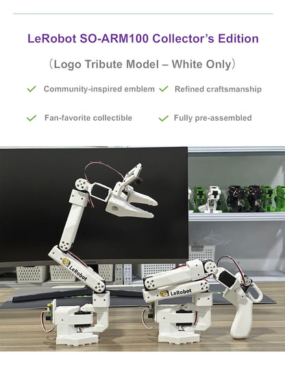LeRobot SO-ARM100 Collector’s Edition: pre-assembled white robotic arm with 2MP camera, community emblem, and refined craftsmanship—fan-favorite collectible.