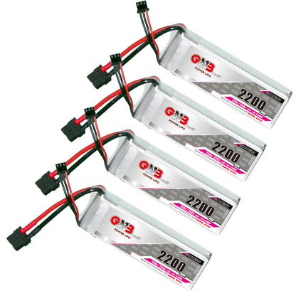 Four GNB 2200mAh LiPo batteries fanned out, each with XT60 connector and balance plug