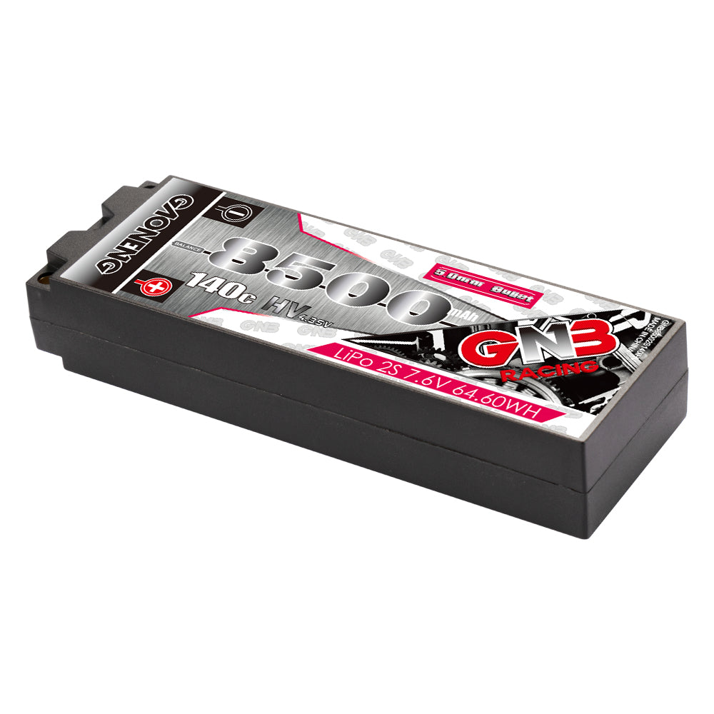 GAONENG GNB hard case 2S LiHV 8500mAh 140C battery, angled top view showing case and label