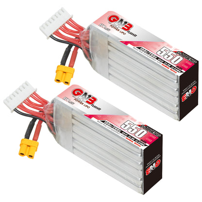 GAONENG GNB LiHV 6S 22.8V 550mAh 100C XT30 long-type LiPo battery, two-pack angled view
