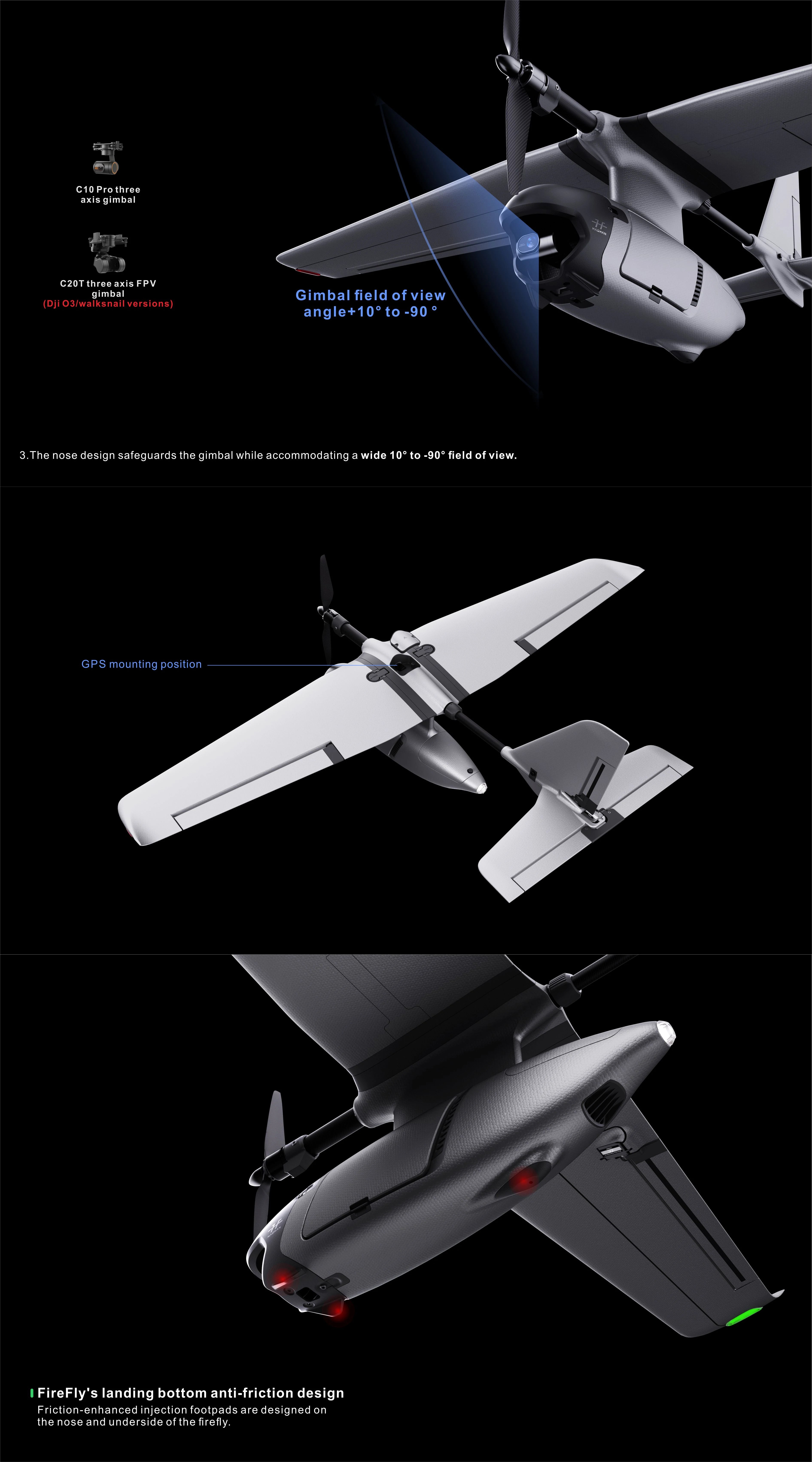 HAOHAN Firefly Modular & Multi-Mount FPV Patrol Drone Support VTOL 1080mm Wingspan EPP RC Airplane PNP / SEMI Version Hao Han Firfly FPV drone features adjustable gimbal with wide field of view and sturdy nose design.