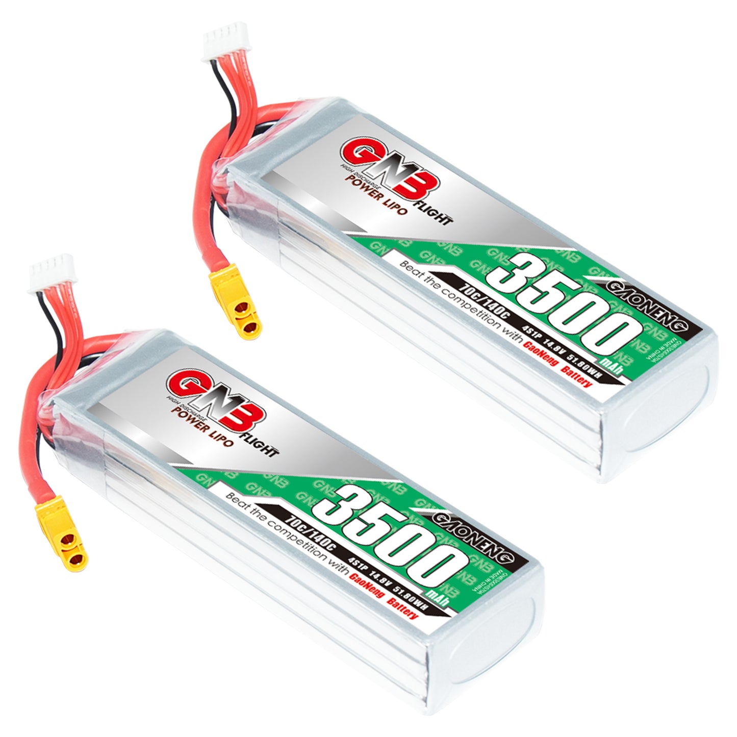 Two GAONENG GNB 3500mAh 4S LiPo batteries shown with yellow XT60 connectors