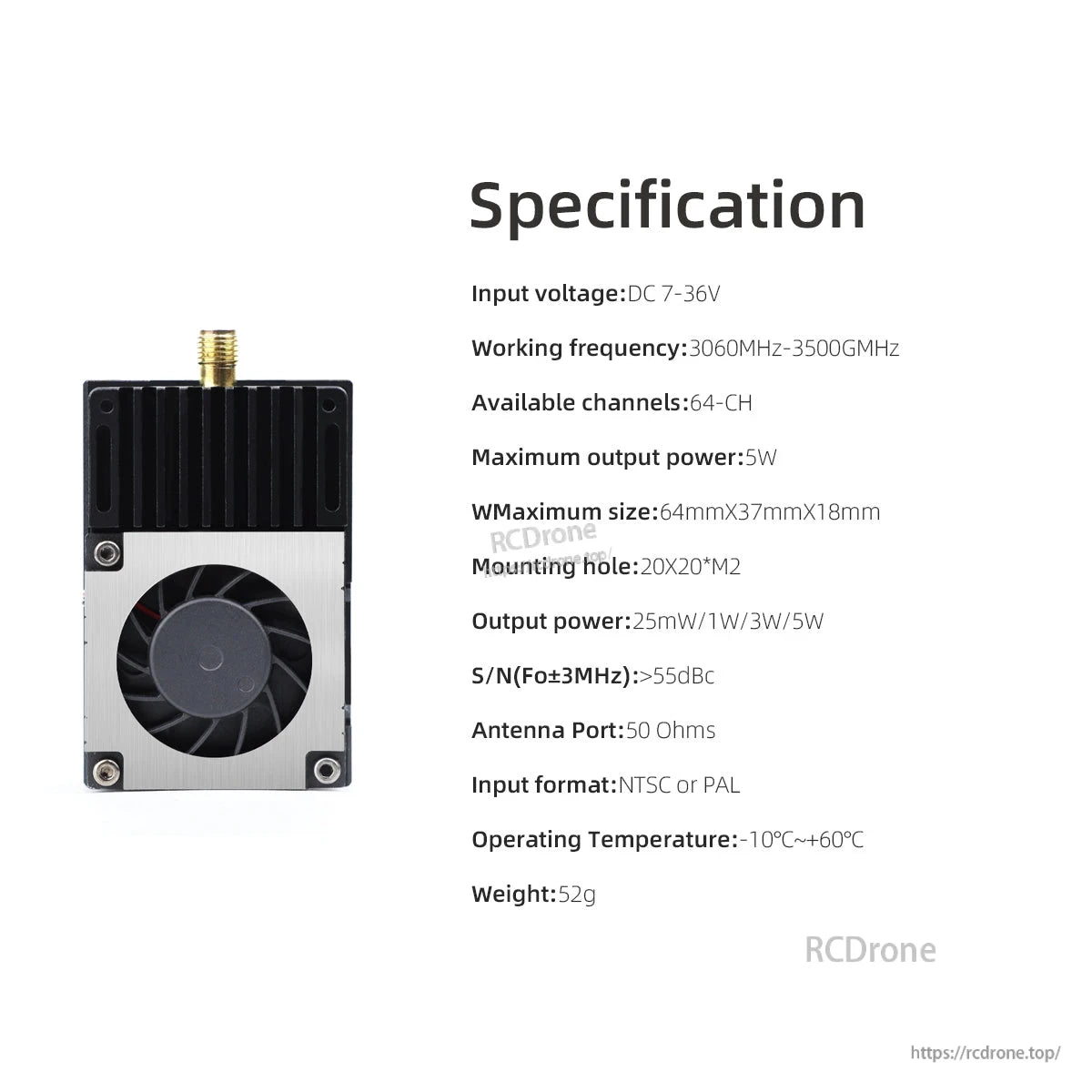 3.3G 5W SMA VTX Video Transmitter 3060-3500MHz 64CH IRC Tramp PIT/300mW/1W/3W/5W 2-8S