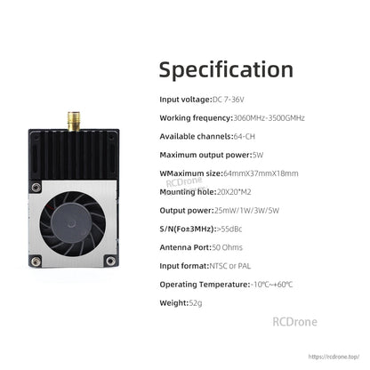 3.3G 5W SMA VTX Video Transmitter 3060-3500MHz 64CH IRC Tramp PIT/300mW/1W/3W/5W 2-8S