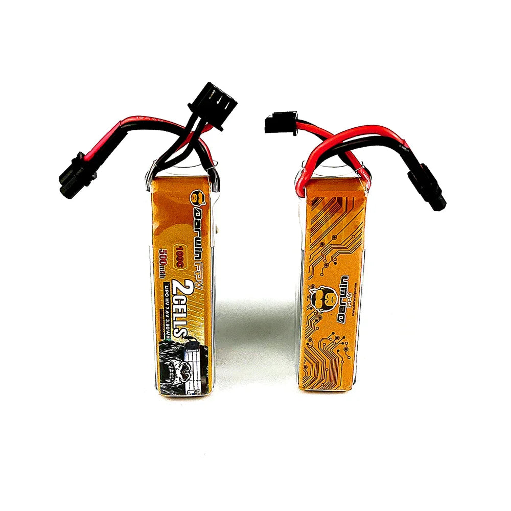 DarwinFPV 2S 500mAh LiPo battery shown front and back, orange label and wiring orientation