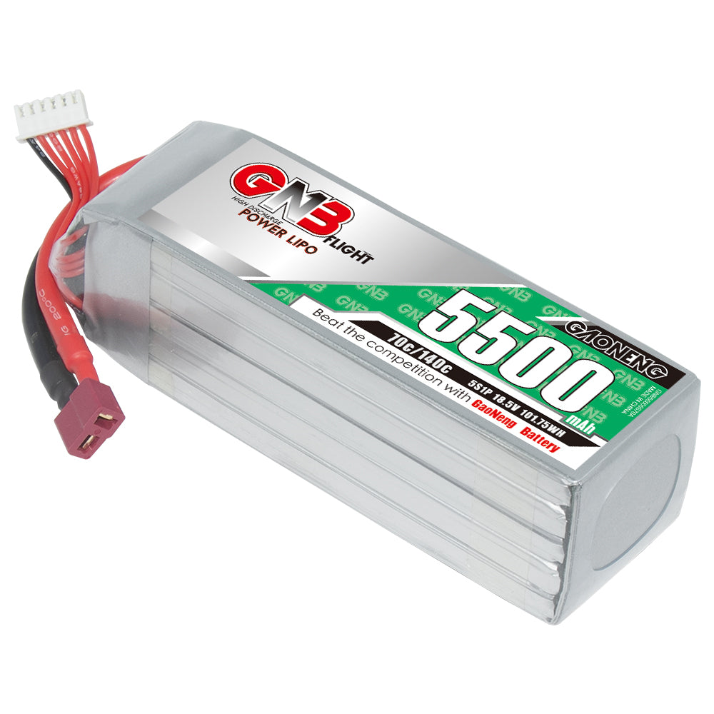 GAONENG GNB 5S 5500mAh 70C LiPo battery with T-plug and balance lead angled main view