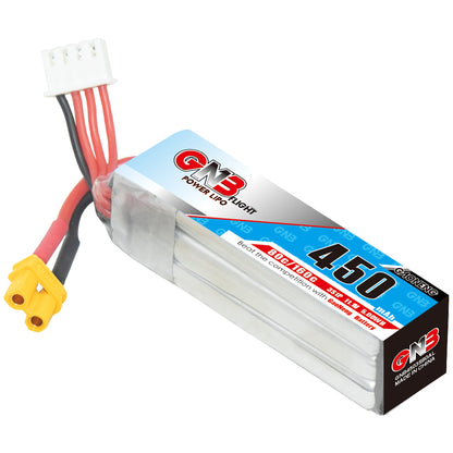GAONENG GNB 3S 11.1V 450mAh 80C XT30 LiPo Battery close view with XT30 connector and balance plug