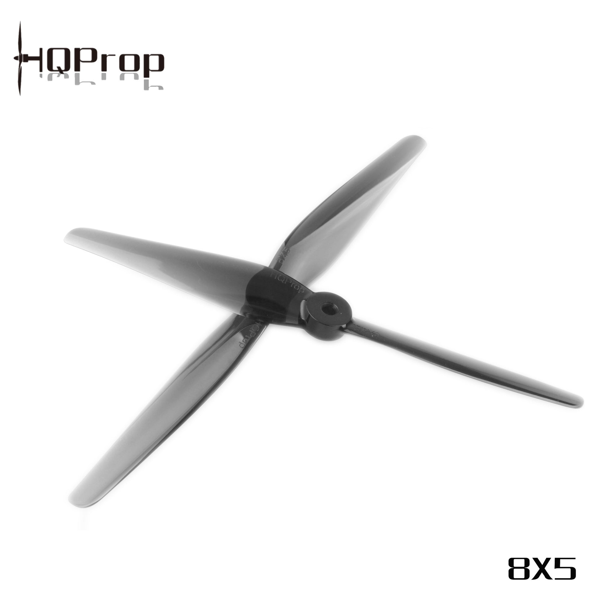 HQProp 8x5 two-blade propeller angled view, light grey polycarbonate with center hub detail