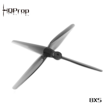 HQProp 8x5 two-blade propeller angled view, light grey polycarbonate with center hub detail